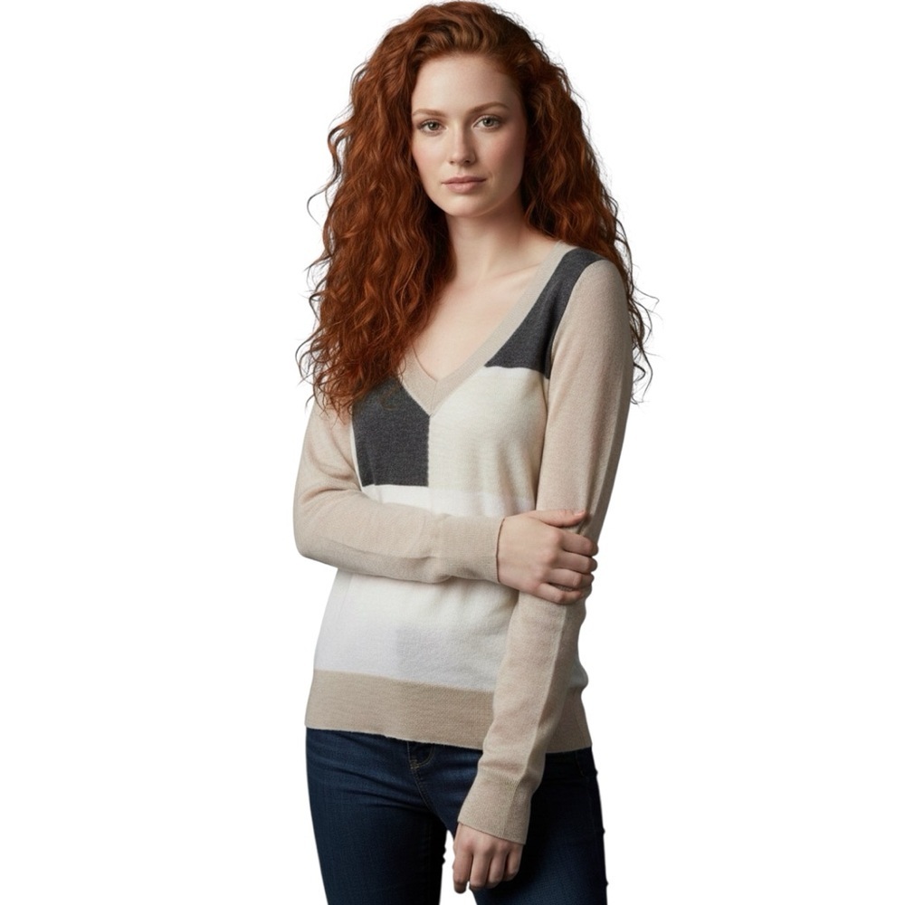 Ted Baker NEW Intarsia Cotton Linen Lightweight Color Block V Neck Sweater Top S
